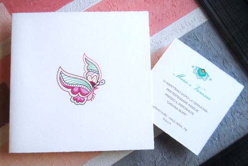 Wedding card 'Tenerezza' in pink, folded, invitation in green color